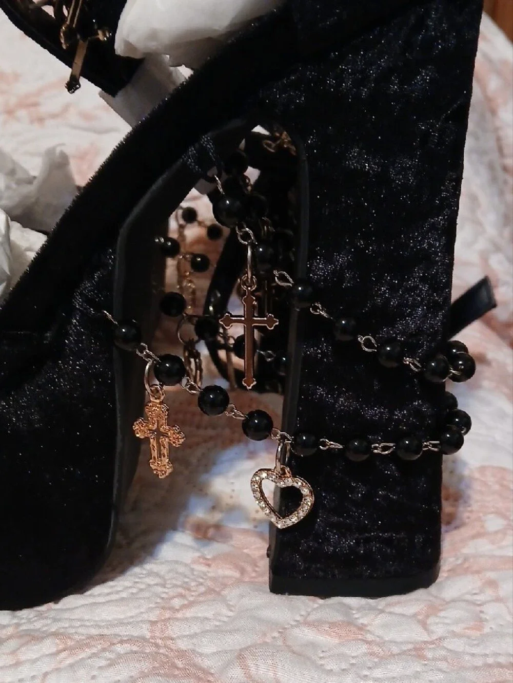 Sugar Thrillz Black Velvet Platform Heel with Heart & Cross Charms
